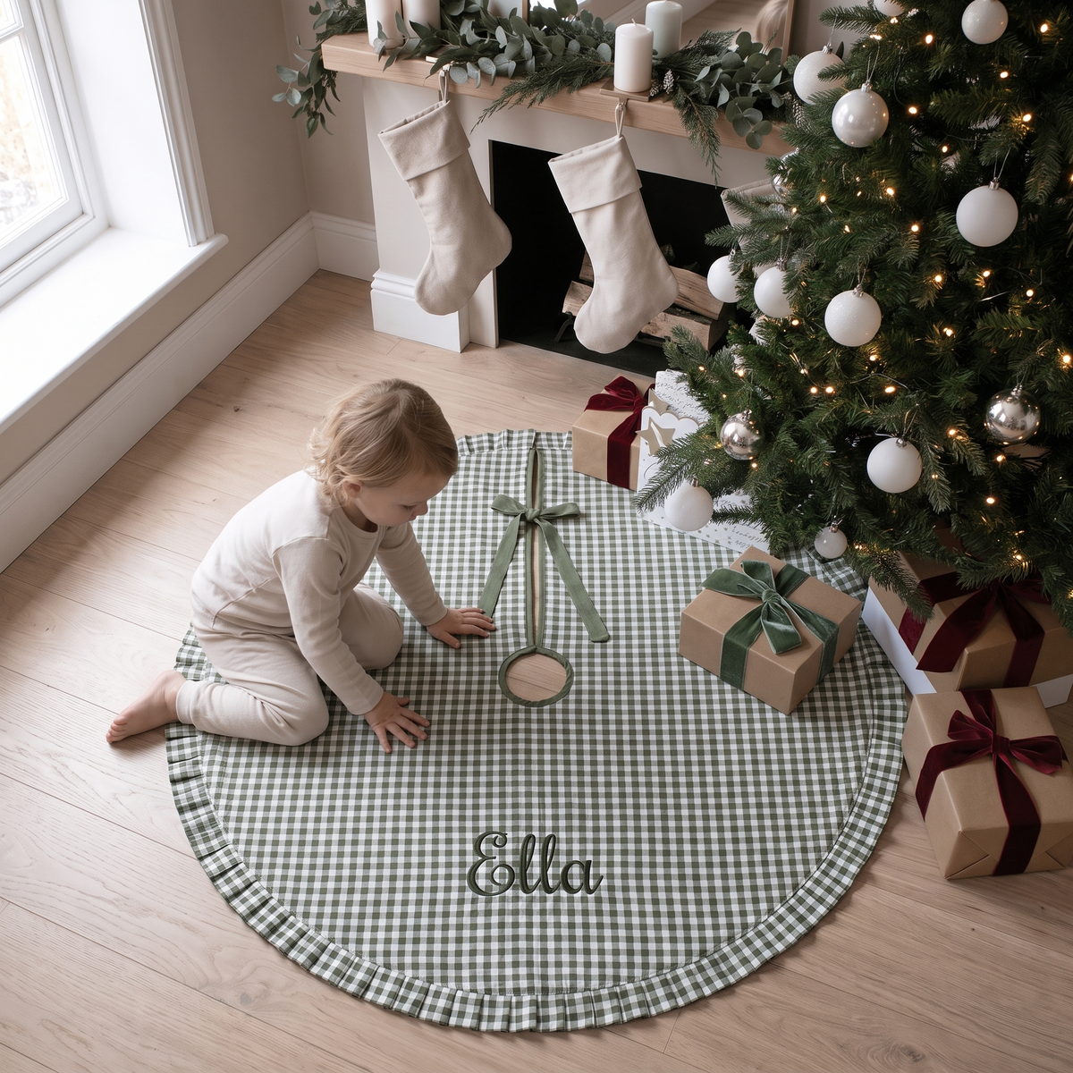 Little Teekie Personalised Ruffle Tree Skirt | Embroidered Name, 115cm Diameter – Green Gingham – in use, shows scale