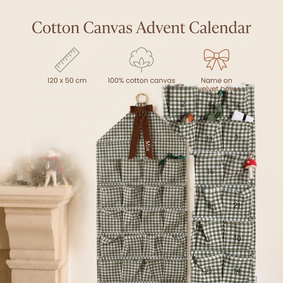 Little Teekie Personalised Gingham Advent Calendar | Velvet Bow Name, 120x50cm – Green – key features