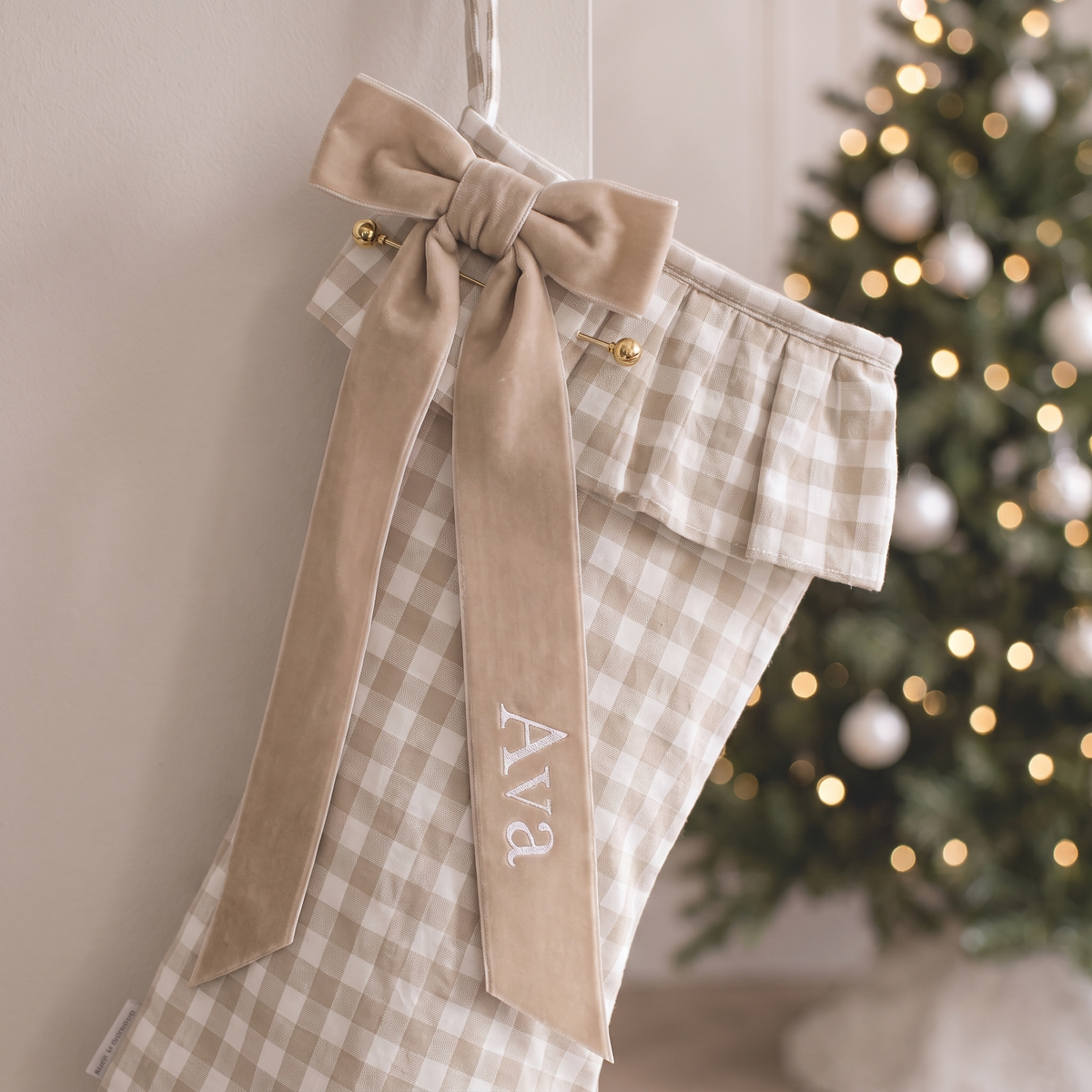 Little Teekie Personalised Gingham Christmas Stocking | Velvet Bow Name, 49x32cm – Beige – personalisation detail