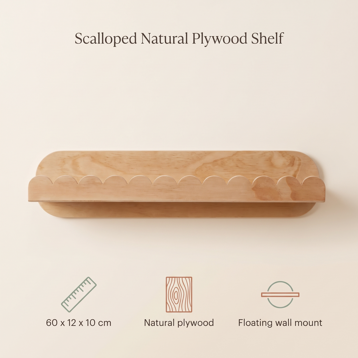 Little Teekie Scalloped Floating Wall Shelf | 60 x 12 x 10 cm Plywood – Natural Wood – key features