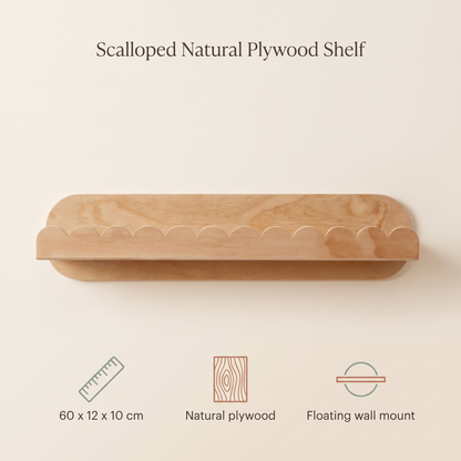 Little Teekie Scalloped Floating Wall Shelf | 60 x 12 x 10 cm Plywood – Natural Wood – key features