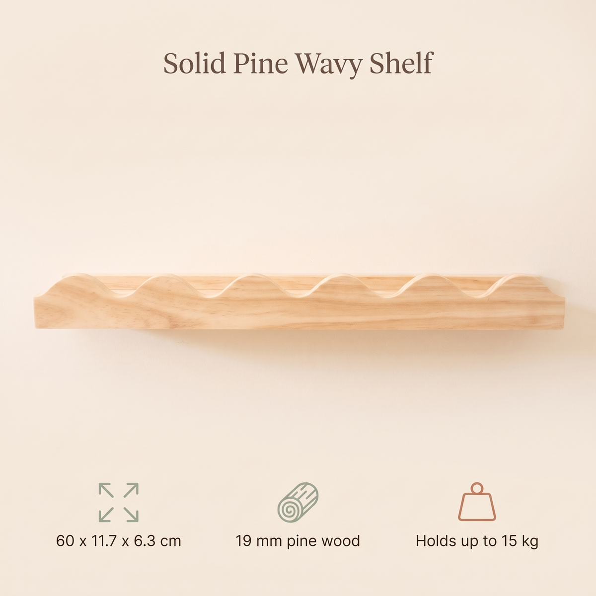 Little Teekie Wavy Nursery Wall Shelf | Scalloped 60cm Floating Shelf, Pine – Raw Wood – key features