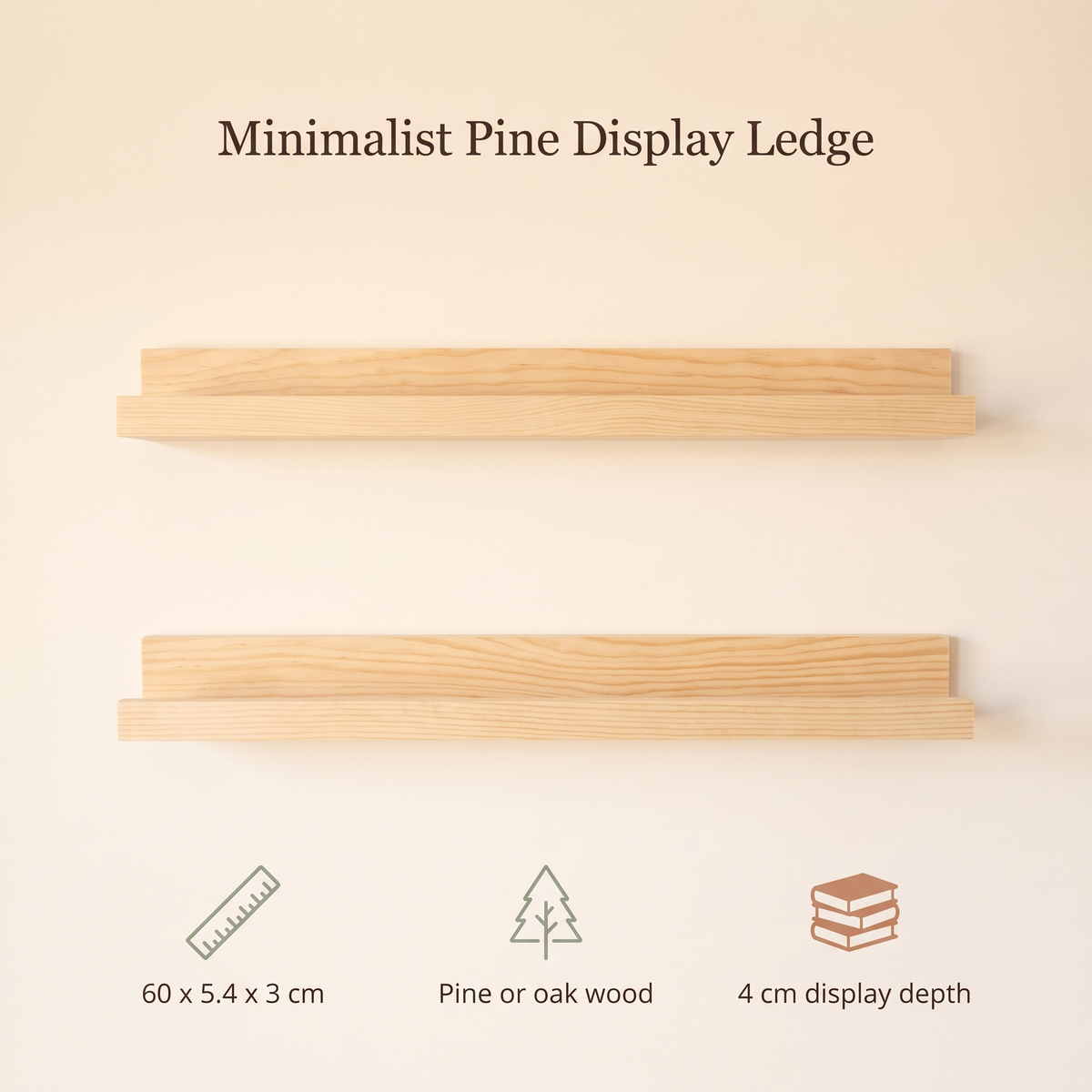 Little Teekie Minimalist Book Display Ledge | Wall-Mounted 60cm, 4cm Depth – Natural Wood – key features