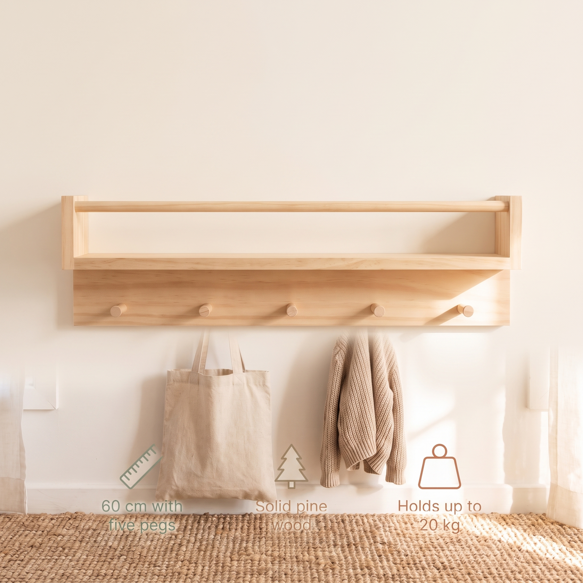 Little Teekie Kids Book Rack and Coat Rack Combo | Wall-Mounted 60cm, 5 Pegs – Raw Pine – key features