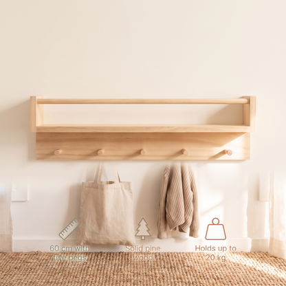 Little Teekie Kids Book Rack and Coat Rack Combo | Wall-Mounted 60cm, 5 Pegs – Raw Pine – key features