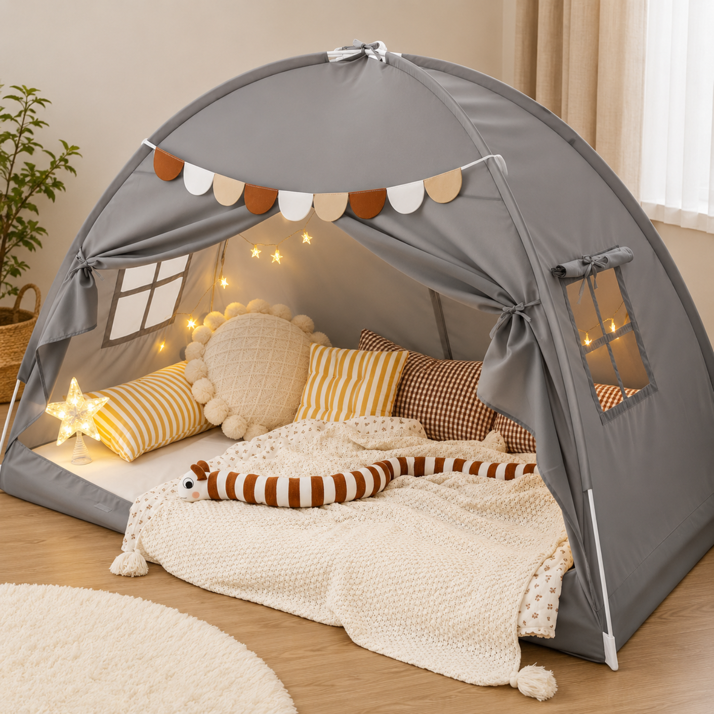 Little Teekie Twin Bed Play Tent with Star Lights and Flags