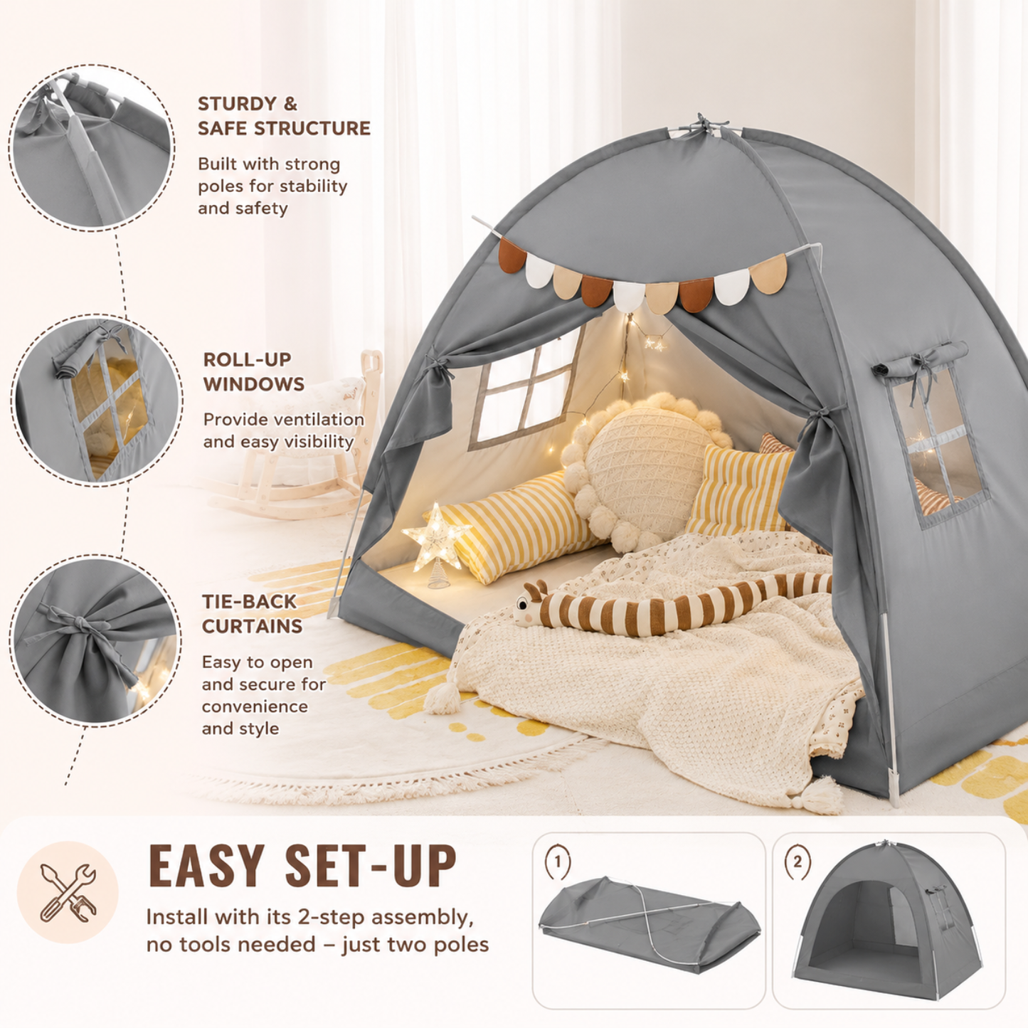 Little Teekie Twin Bed Play Tent with Star Lights and Flags