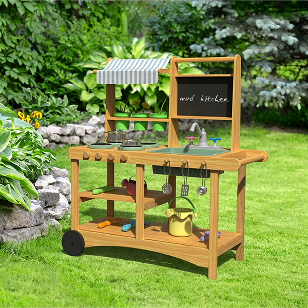 Little Teekie Wooden Mud Kitchen Play Set with Canopy