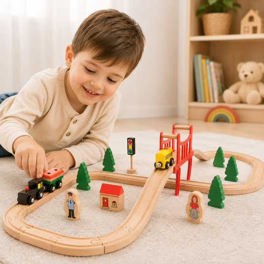 Little Teekie Wooden Train Track Set with Bridge