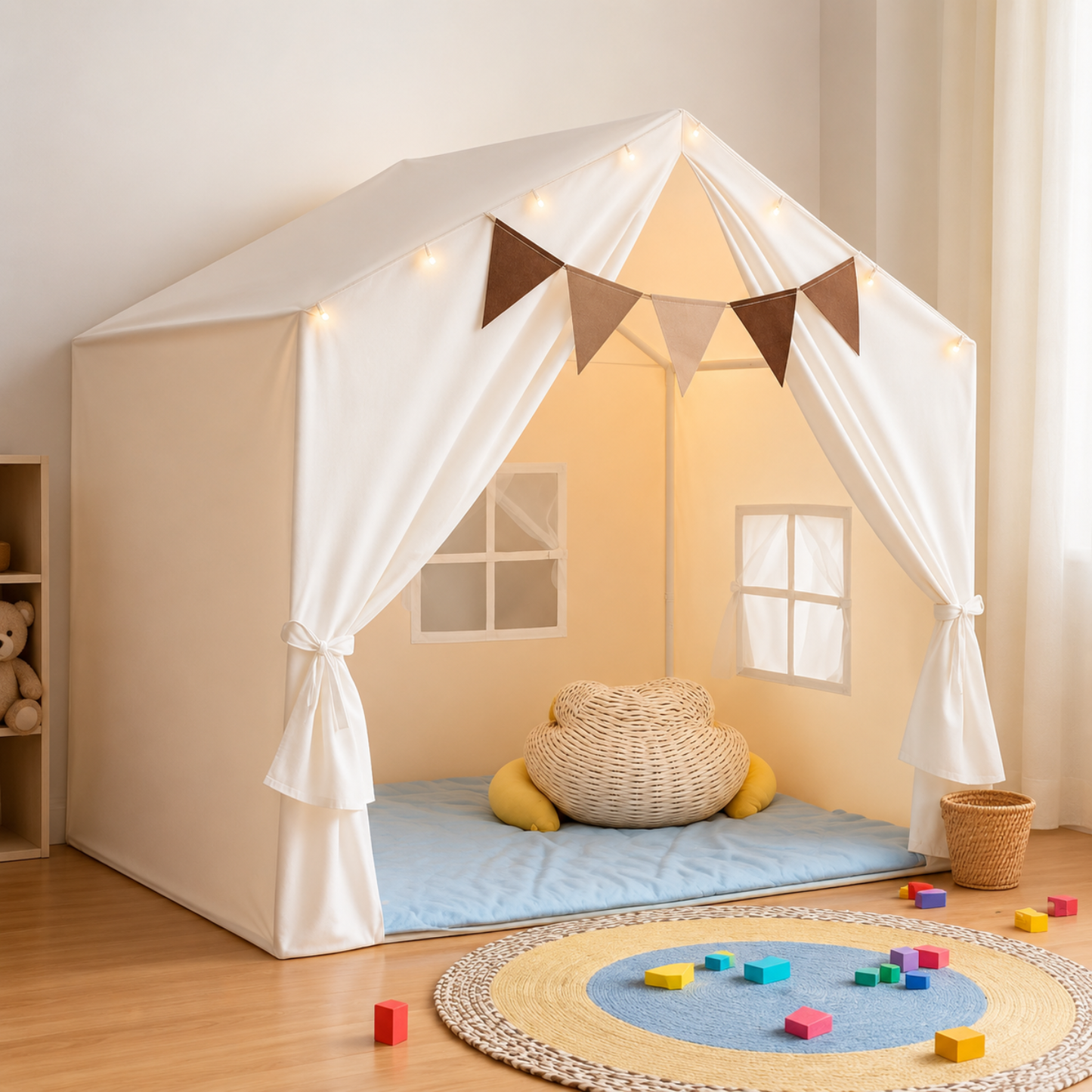 Little Teekie Boho Kids Play Tent with Curtains & Lights