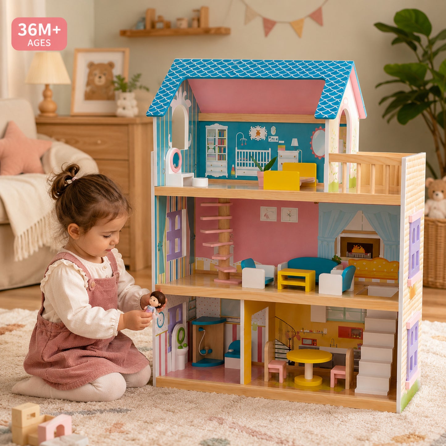 Little Teekies Wooden Dollhouse with Dolls & Furniture