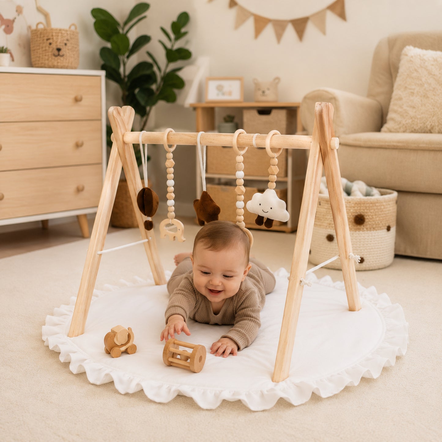 Little Teekie Wooden Foldable Baby Play Gym WIth Play Mat