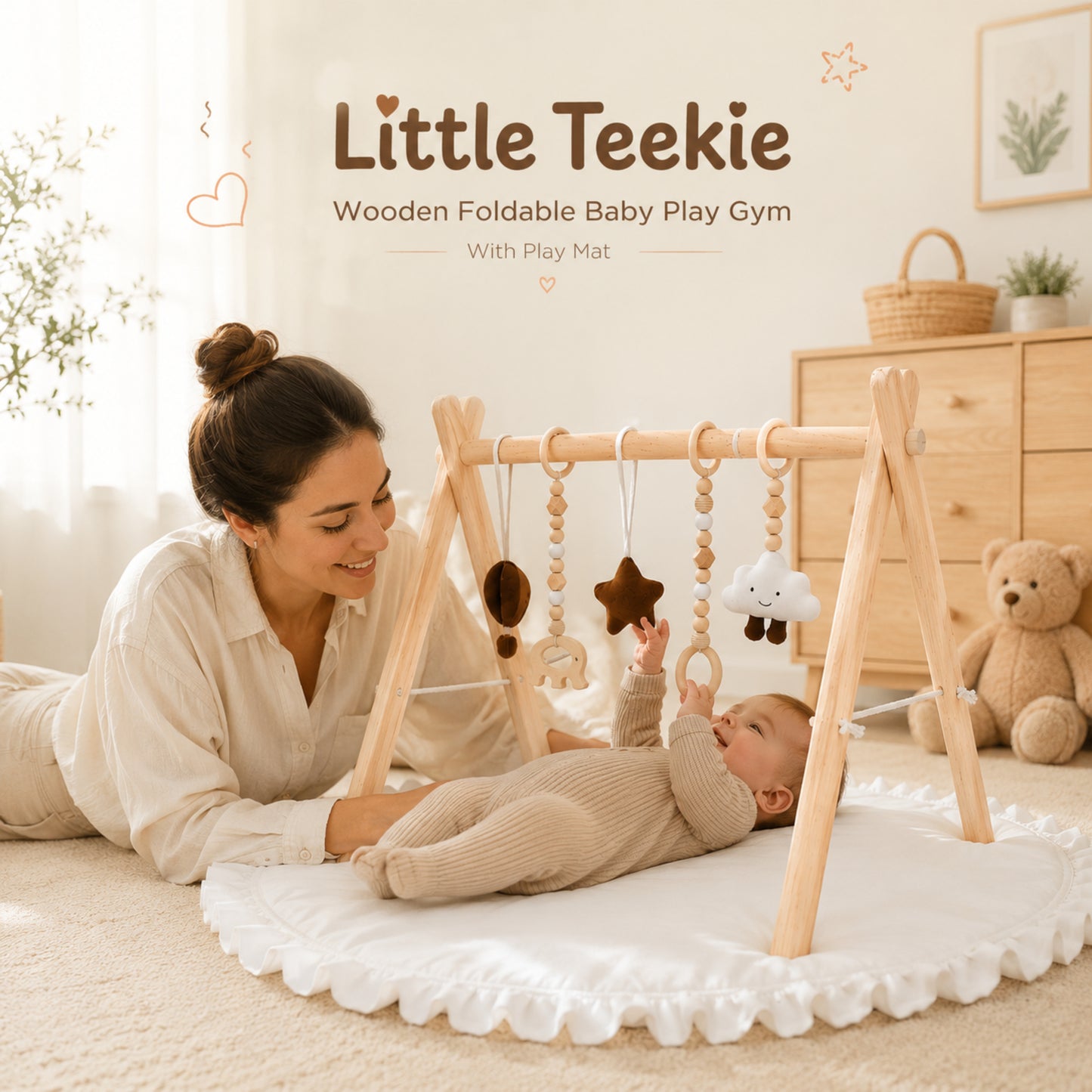 Little Teekie Wooden Foldable Baby Play Gym WIth Play Mat