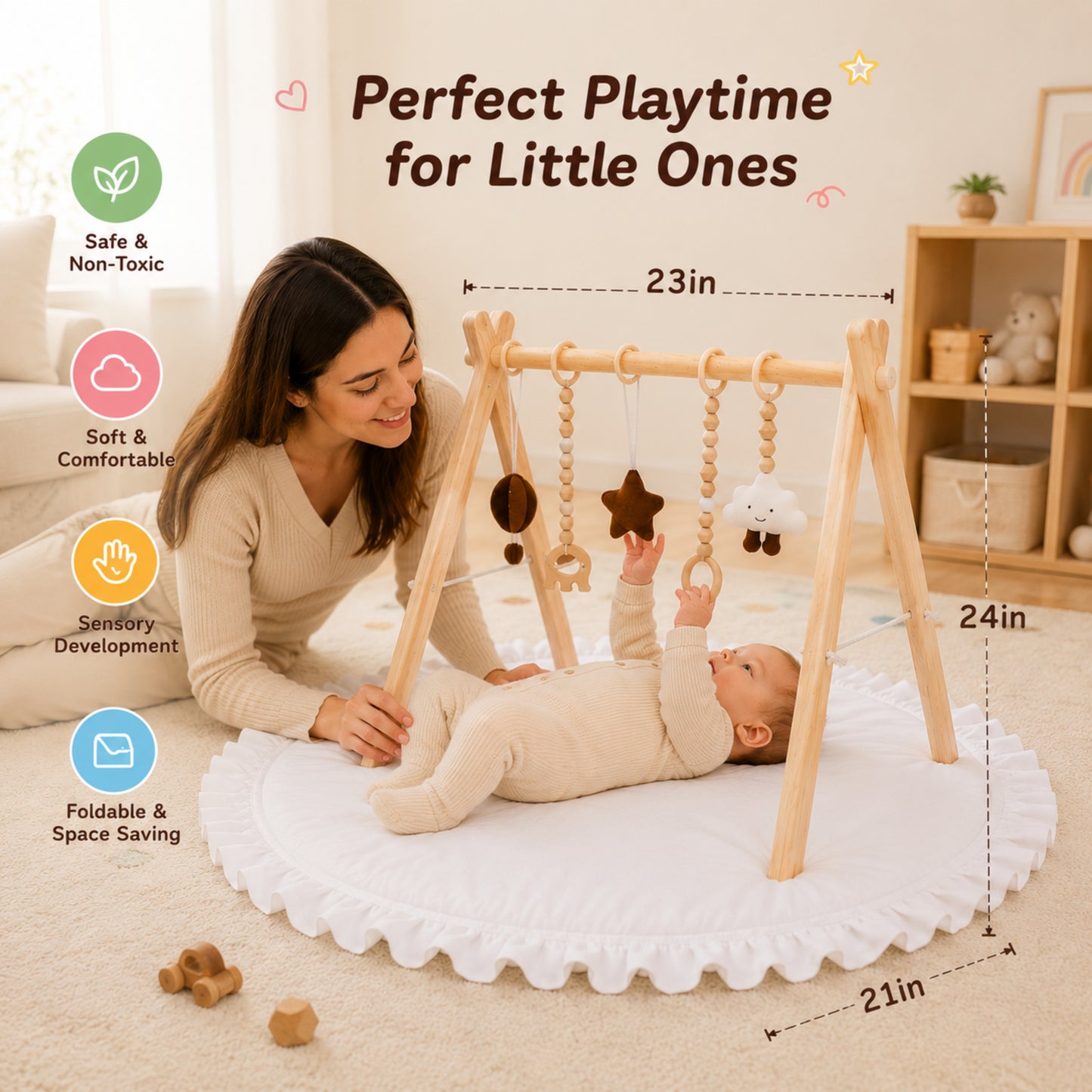 Little Teekie Wooden Foldable Baby Play Gym WIth Play Mat