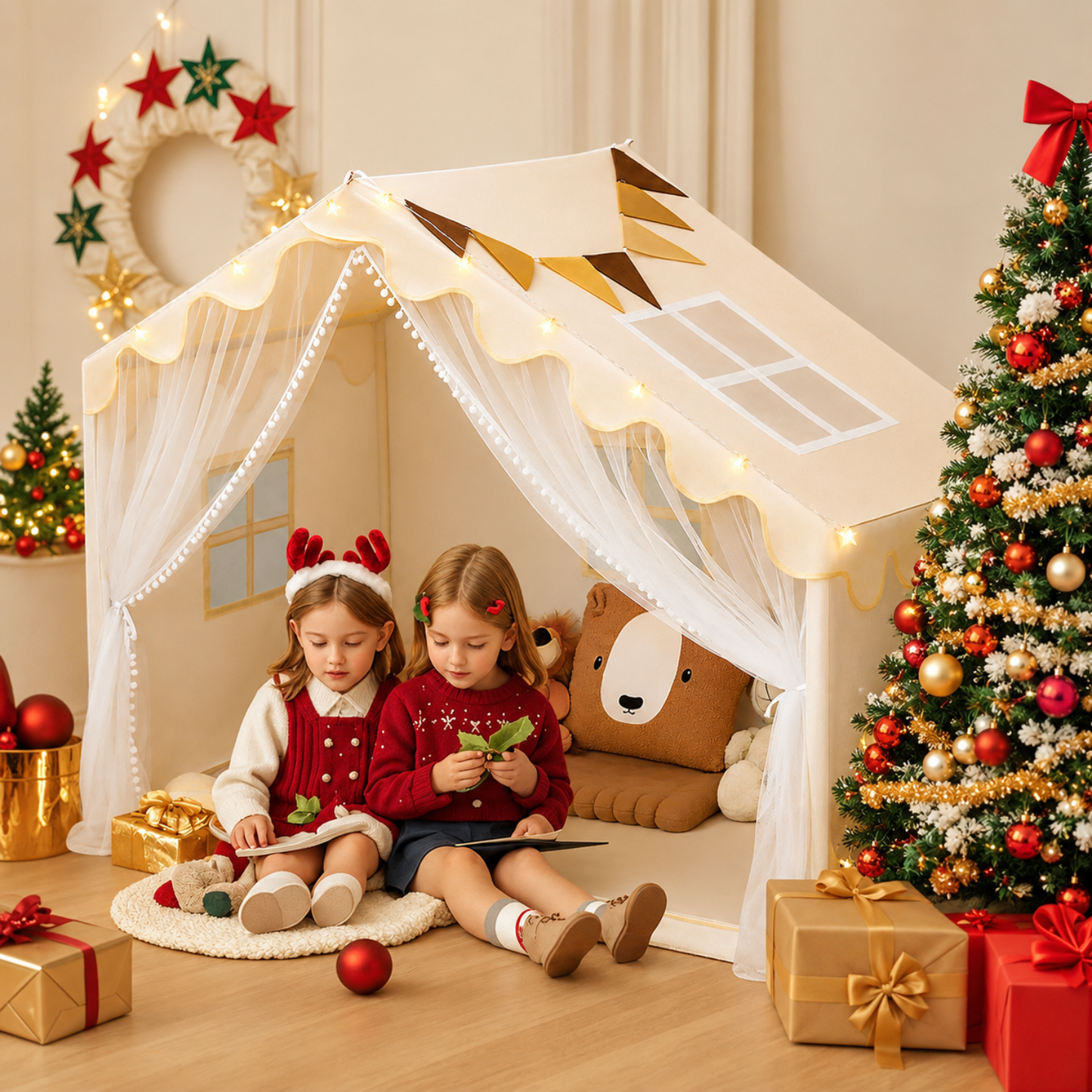 Little Teekie Kids Play Tent with Mat Star Lights and Flags