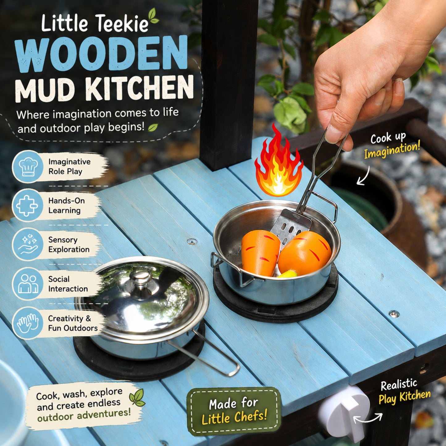 Little Teekie Wooden Mud Kitchen with Cooking Accessories