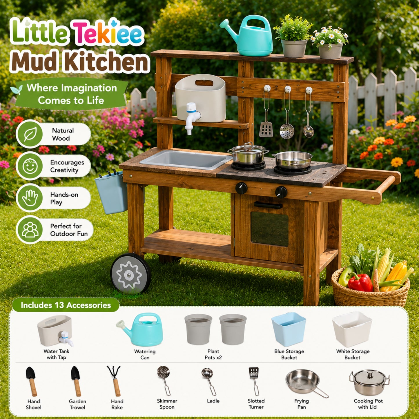 Little Teekie Outdoor Wooden Mud Kitchen with Running Water & Wheels