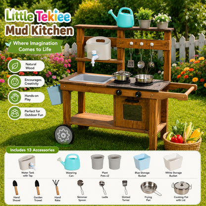 Little Teekie Outdoor Wooden Mud Kitchen with Running Water & Wheels