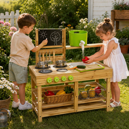Little Teekie Wooden Outdoor Mud Kitchen with Blackboard