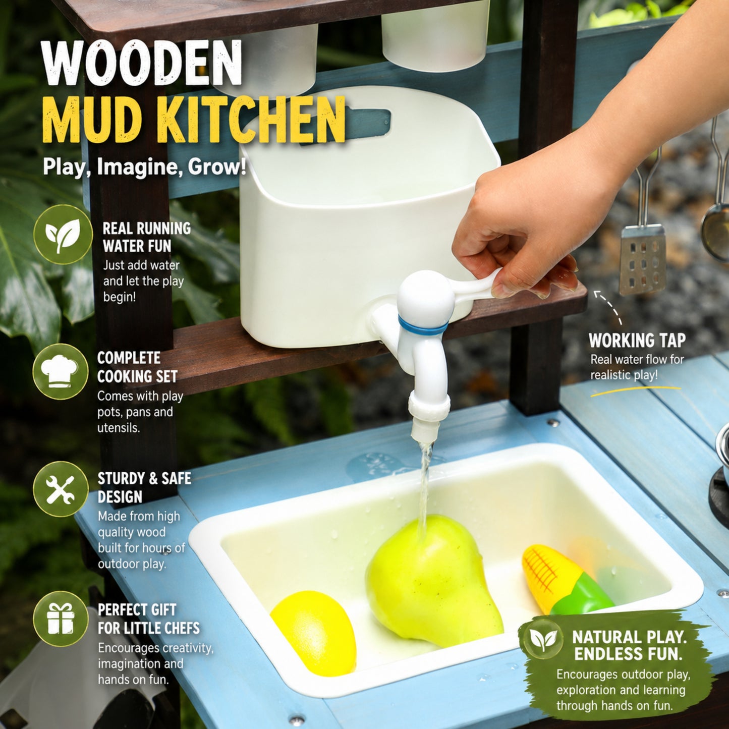 Little Teekie Wooden Mud Kitchen with Cooking Accessories