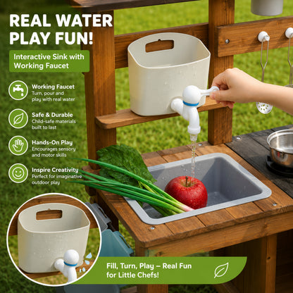 Little Teekie Outdoor Wooden Mud Kitchen with Running Water & Wheels