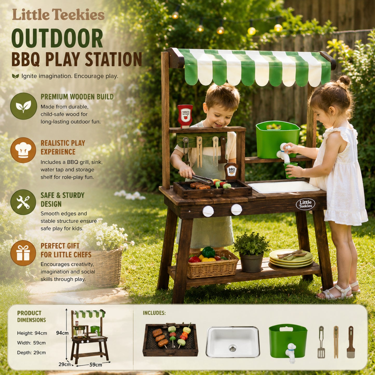 Little Teekie Wooden Outdoor BBQ Kitchen with Canopy