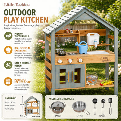 Little Teekie Wooden Mud Kitchen with Playhouse Roof
