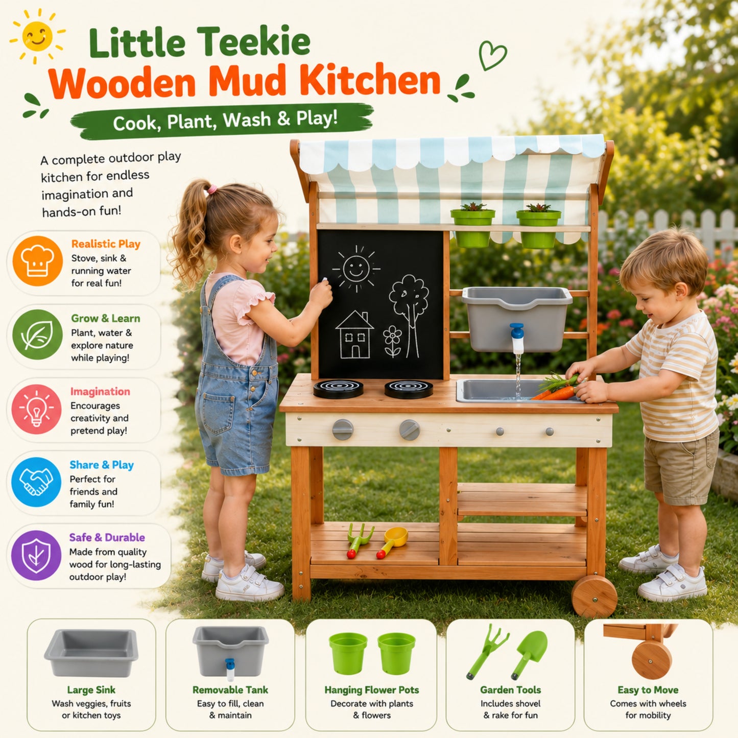Little Teekie Wooden Mud Kitchen with Canopy, Blackboard & Running Water