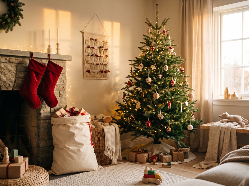 Christmas stockings and Santa sack by the tree