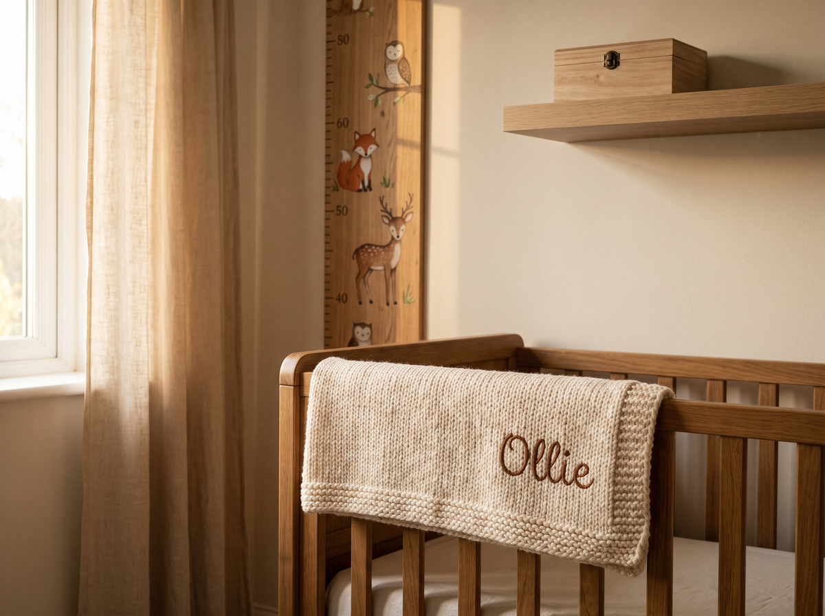 Personalised nursery keepsakes with embroidered blanket and height chart