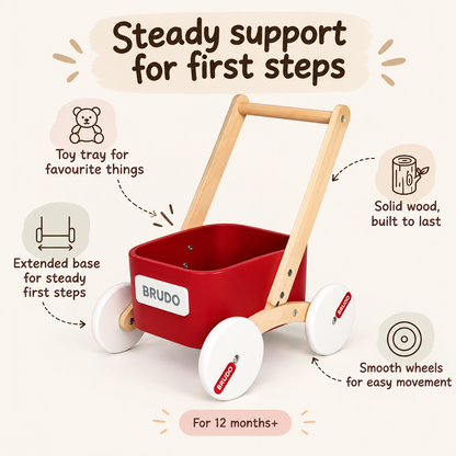 Little Teekie Wooden Baby Walker Wagon | Montessori Push Walker with Toy Tray – Red