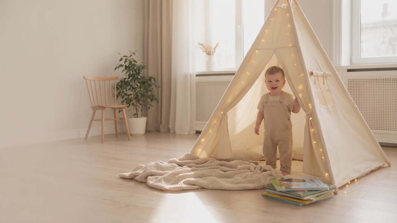Toddler peeking out of a cream teepee play tent in a sunlit living room